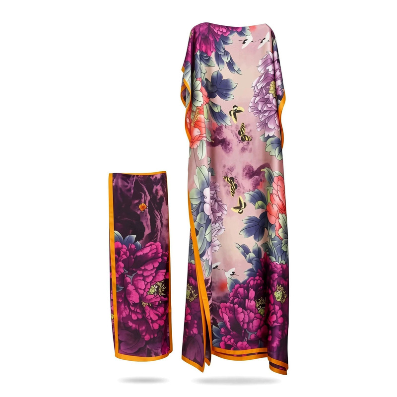Printed satin robe with headscarf, KAFTAN, loose batwing sleeves, ankle-length beach vacation cover-up, African women's nightgown Printed satin robe with headscarf, KAFTAN, loose batwing sleeves, ankle-length beach vacation cover-up, African women's nightgown