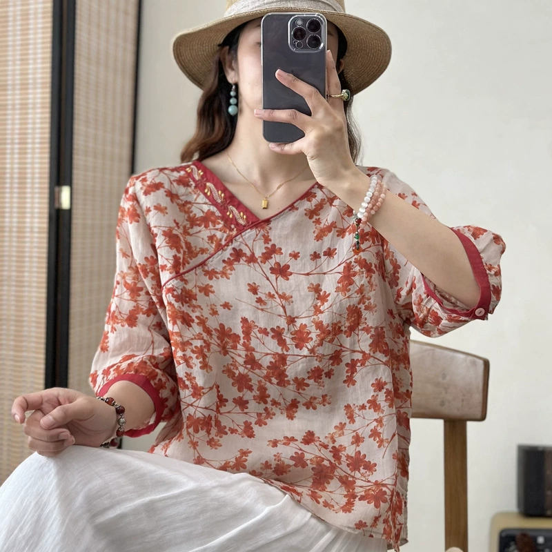 Национальная вышивка Rama с пятью рукавами с принтом рубашка женская летняя новая китайская планка пряжка свободная и универсальная