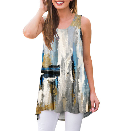 Woven front-short, back-long sleeveless T-shirt for women with printed wish-themed design, loose round neck, medium length.
