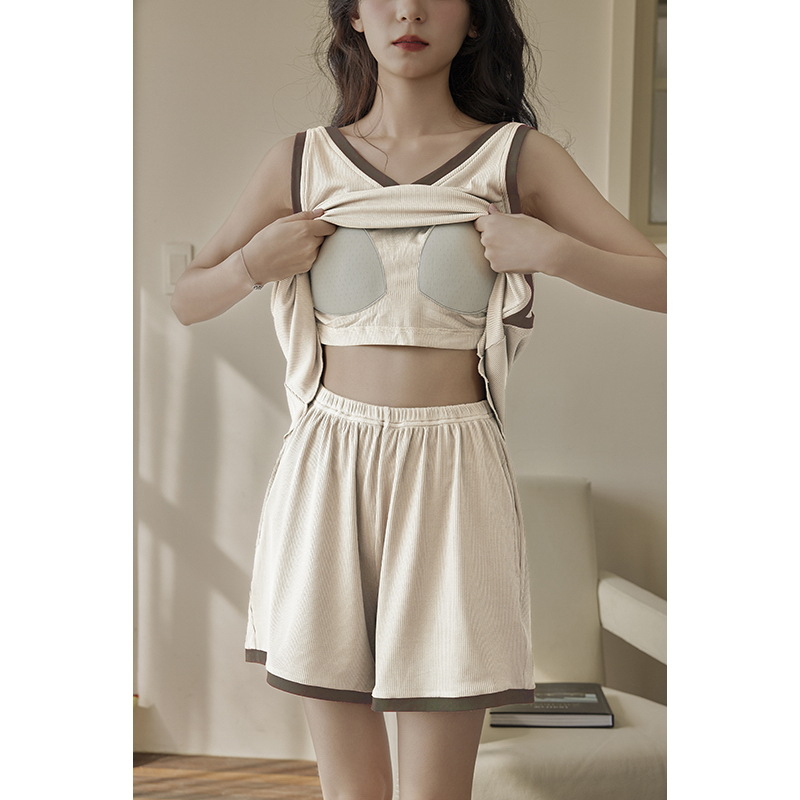 With Underwear Pajamas Women's Solid Color Summer Vest Shorts Two-piece Suit with Chest Pad Sleeveless Simple Home Clothes