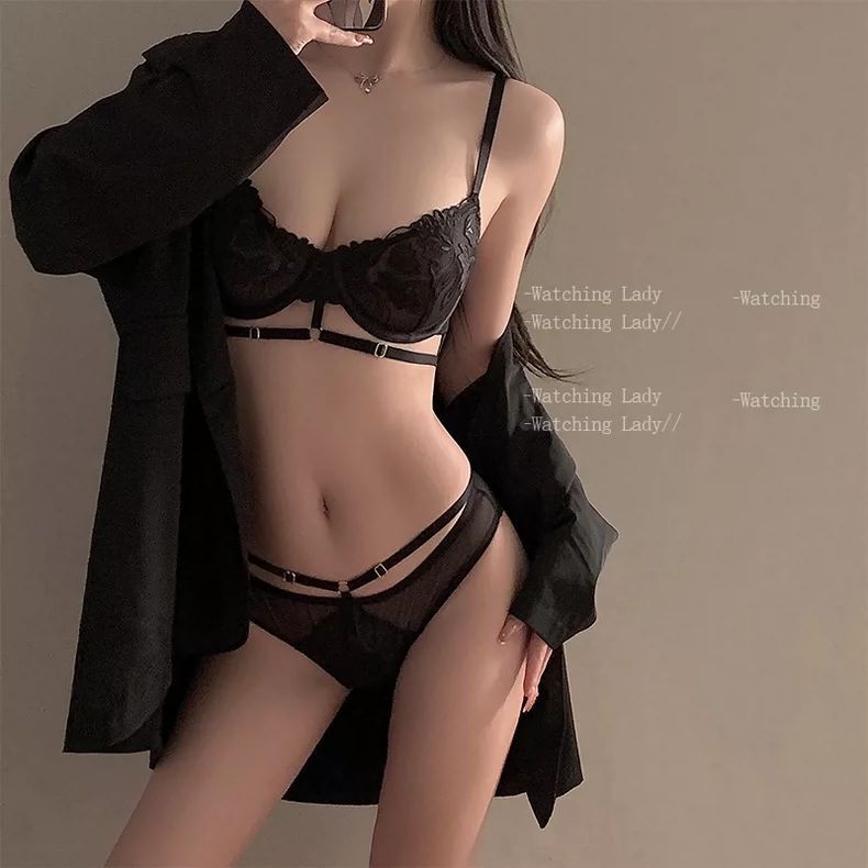 French Sexy Underwear for Women with Big Breasts Showing Small Breasts Lace Half Cup Ultra-Thin Bra Push-Up Sexy Embroidery Suit
