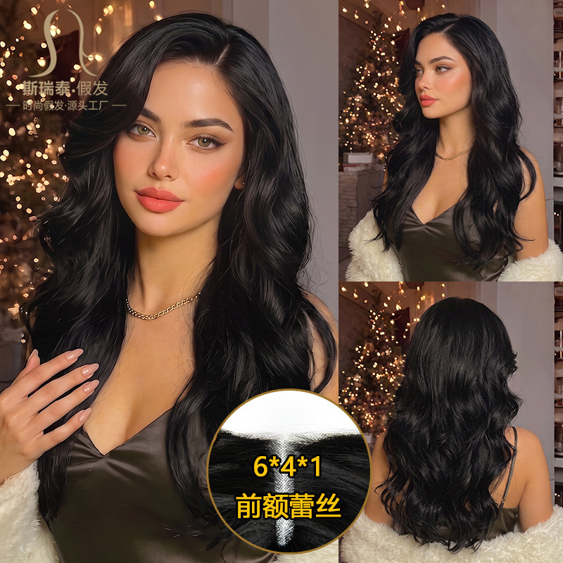 European and American hand-crafted high-definition 6*4*1 front lace wig for women, black, non-reflective, matte, long curly full head wig