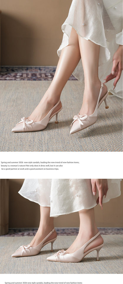 Sandal cao gót mũi nhọn bít mũi quai ngang chất liệu lụa satin, gót 6–8 cm — Màu be, Màu hồng, màu đen chi tiết 9