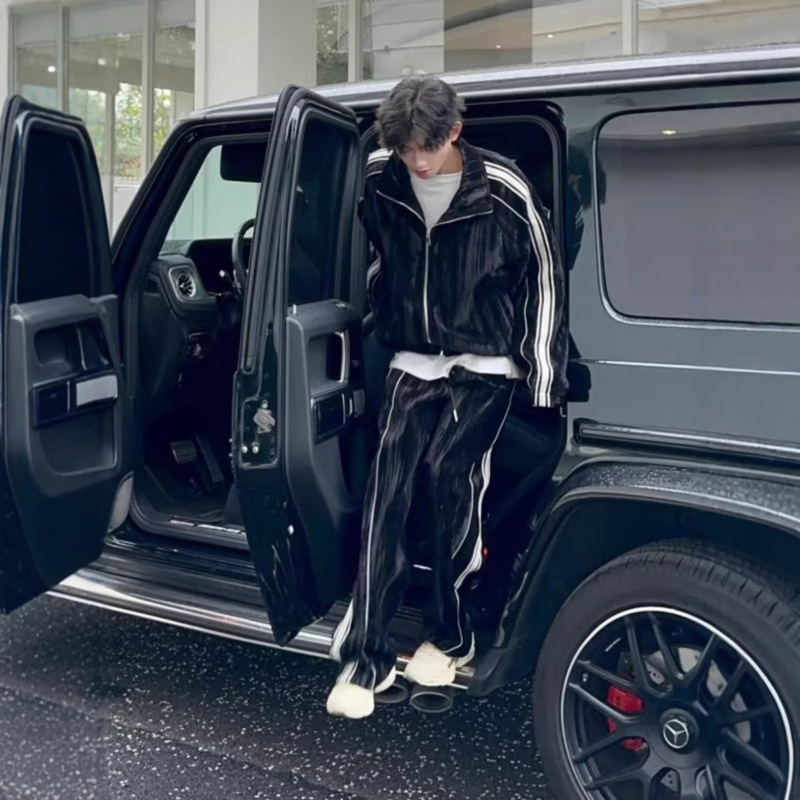 Sports suit Men's Retro American Heavy Sweater Spring and Autumn Cardigan Jacket Striped Sweater Trendy Brand Set