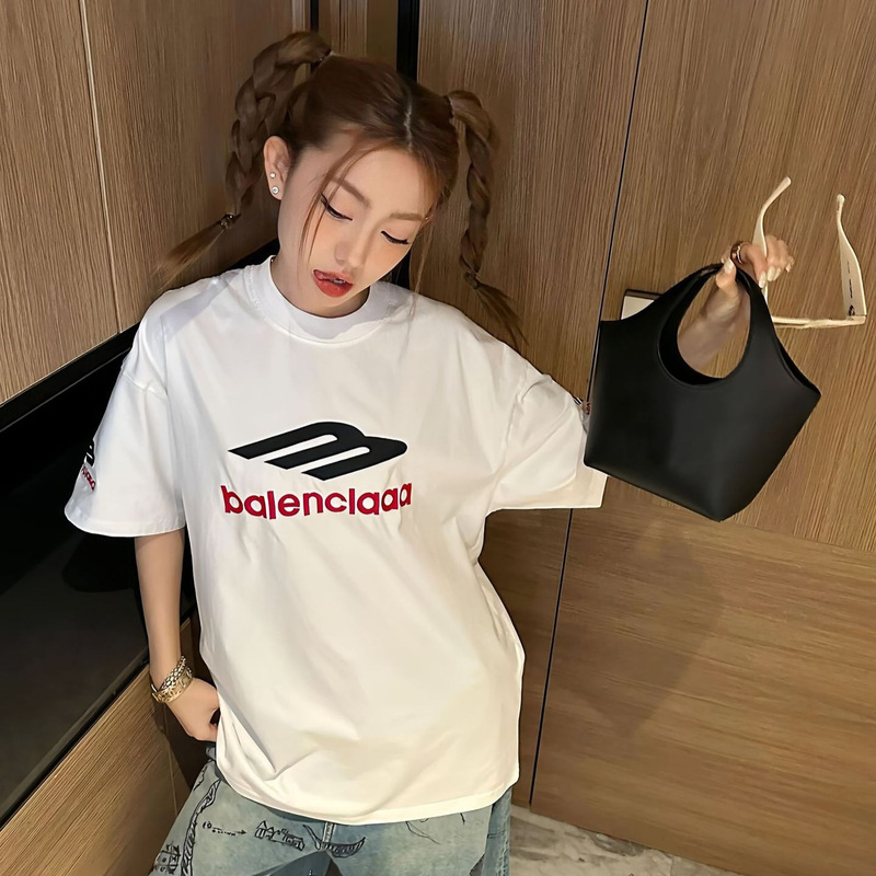 Paris High Version B New 3M Embroidered Short-sleeved T-shirt Fixed Weaving Fixed Dye Version OS Looser Version for Men and Women