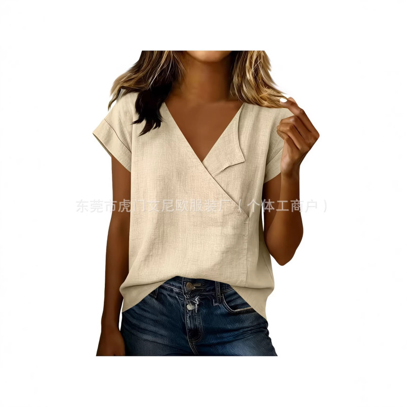 2026 Summer New Style Amazon Aliexpress Export European and American Solid Color Loose V-Neck Cotton and Linen Women's Tops and Shirts 2026 Summer New Style Amazon Aliexpress Export European and American Solid Color Loose V-Neck Cotton and Linen Women's Tops and Shirts