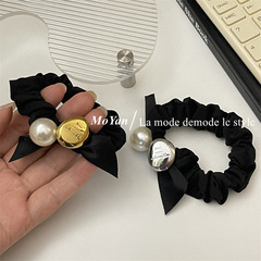 French vintage ribbon bow hair tie elastic band for women hair tie, durable and high elasticity pearl hair accessory