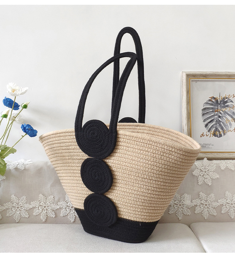 Open Closure Type Double Shoulder Straps Strap Type Women's Large Cotton Round Dots Elegant Streetwear Weave Shell Open Handbag