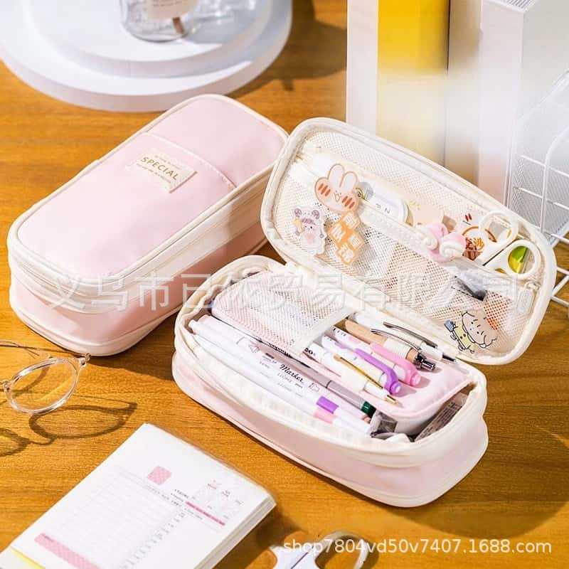 Bolsa de bolígrafo de gran capacidad para estudiantes de primaria simple serie de macarón bolsas de bolígrafo de separación multicapa multifuncional caja de papelería de alto valor facial