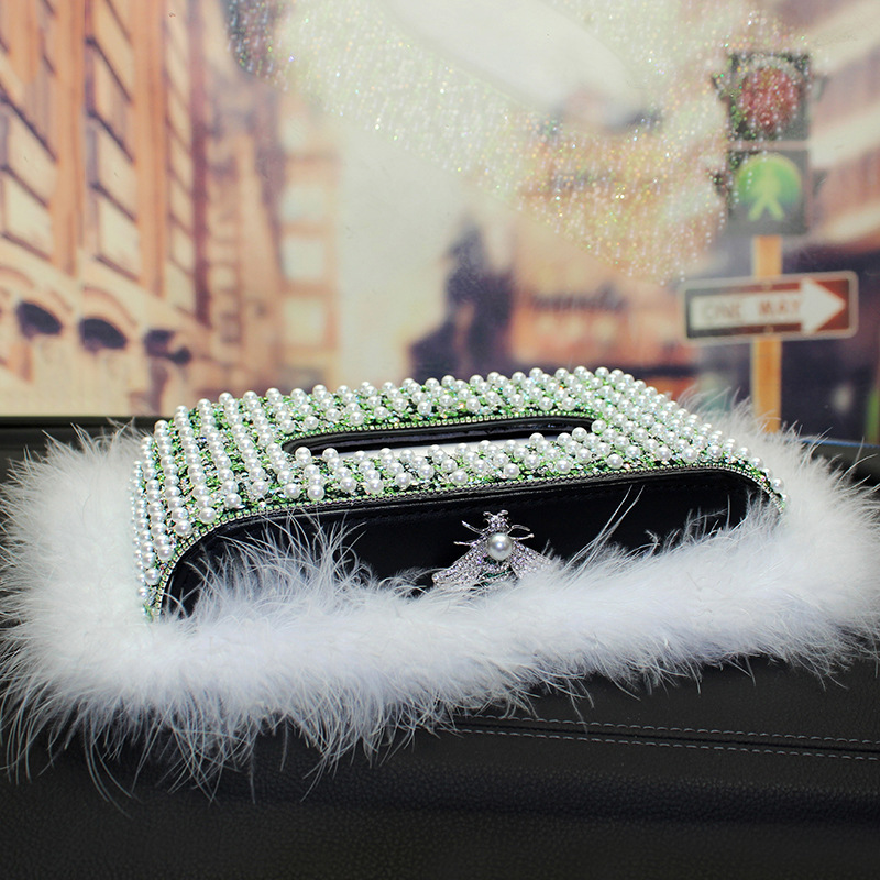 Caja de pañuelos de perlas con incrustaciones de diamantes creativos para coche, cojín de plumas, decoración, asiento, servilleta, caja de dibujo, suministros para coche