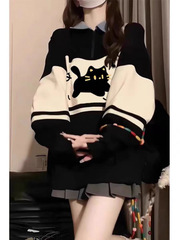 美式复古拼色半拉链小猫卫衣女秋宽松慵懒学院风百搭polo领上衣