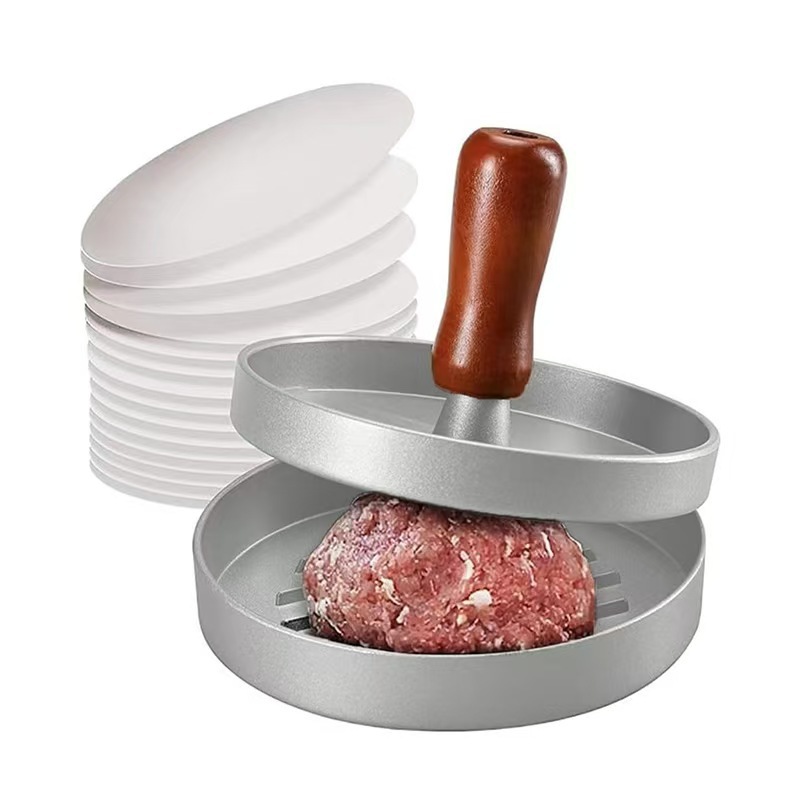 Prensador de carne de hamburguesas manual de aluminio antiadherente molde de prensa redondo para desayuno de carne de hamburguesas cocina transfronteriza
