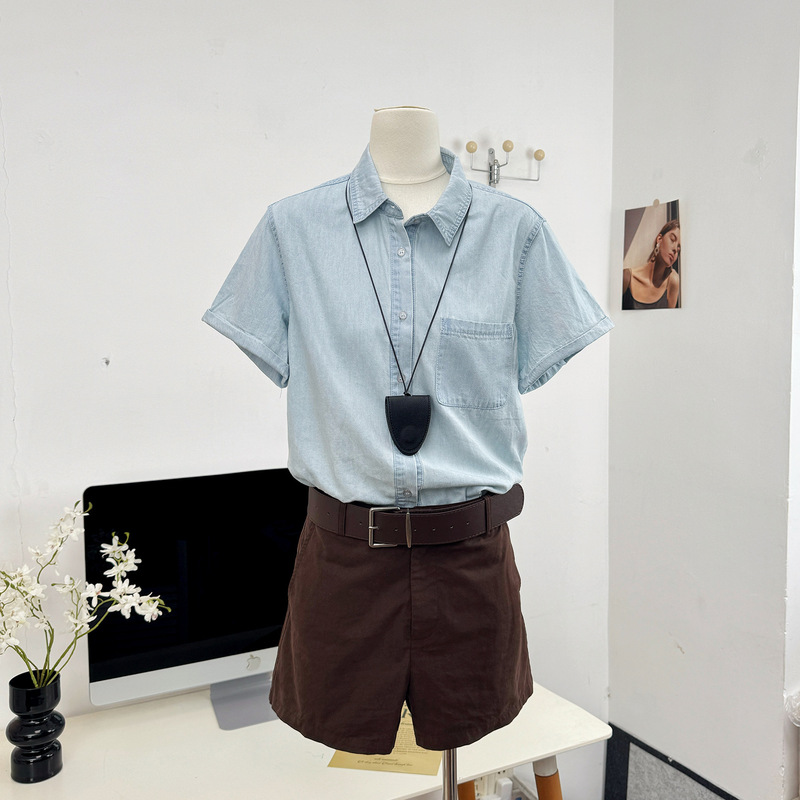 Hellooo Eat Pure Cotton Washed Blue Short-Sleeved Denim Shirt Summer Niche Retro Casual Thin Jacket for Women Hellooo Eat Pure Cotton Washed Blue Short-Sleeved Denim Shirt Summer Niche Retro Casual Thin Jacket for Women