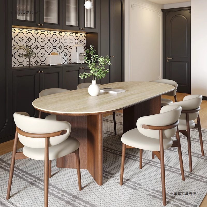 French Solid Wood High-End Dining Table for Home Simple Dining Table in Antique Style Oval Travertine Slate Dining Table and Chair Combination