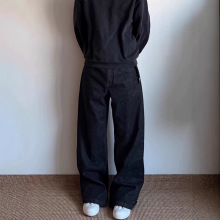高货 14.5oz黑色赤耳窄幅红边原牛直筒微喇阔腿A字重磅水洗牛仔裤