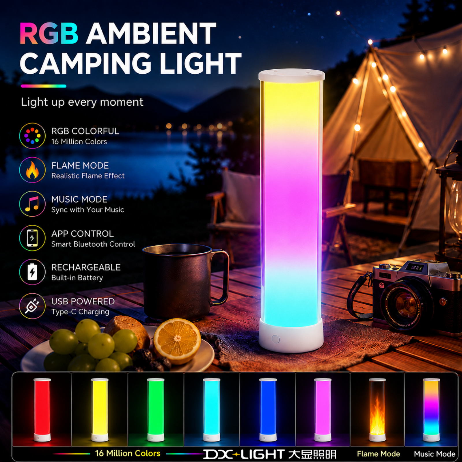 Transfronterizos RGB escritorio lámpara de noche recargable al aire libre camping llama diapositiva color bluetooth luz de atmósfera led cabezal de cama luz de noche