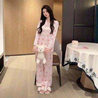 甜美条纹韩系翻领卡通印花冰丝秋季睡衣女长袖长裤家居服可外穿