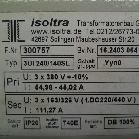 ISOLTRA TRANSFORMATORENBAU GMBH 变压器F.NR：300757