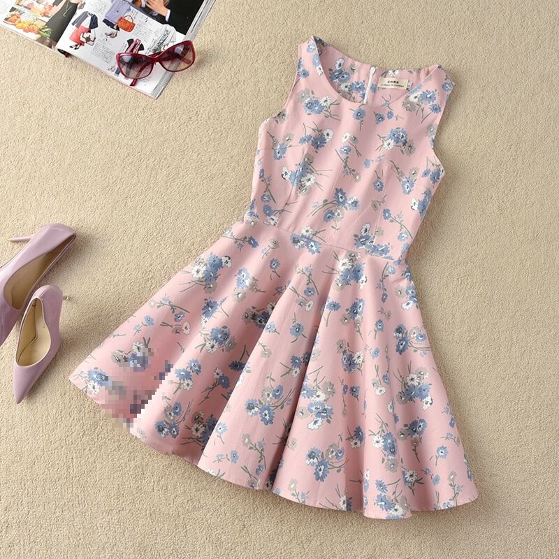 Fresh and Simple Floral Dress for Students, Petite Sweet Korean Style, Waist-Cinching, Slimming Sleeveless Tank Dress, Princess Dress, Trendy