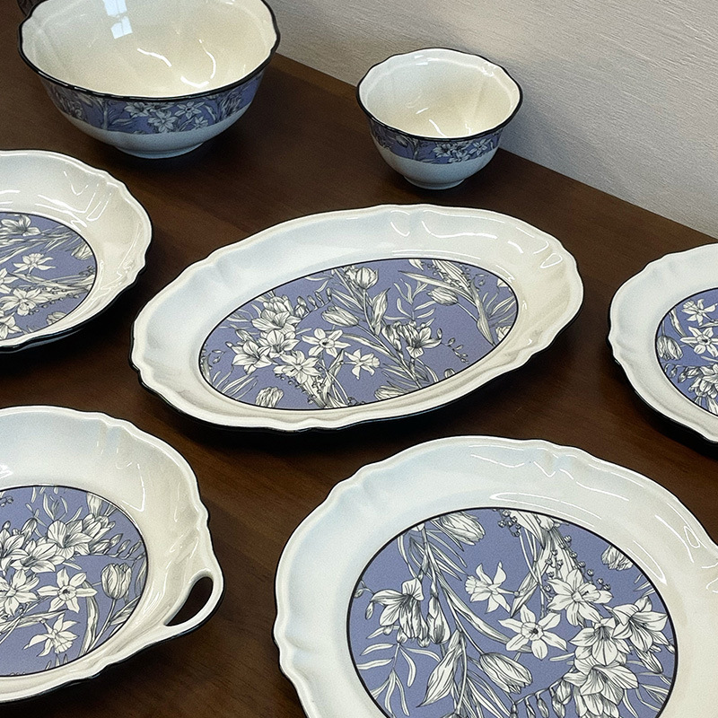 French Retro Ries Fragrant Snow Orchid Fresh and Elegant Tableware Bowls and Plates High-Value Household Tableware Series Wholesale