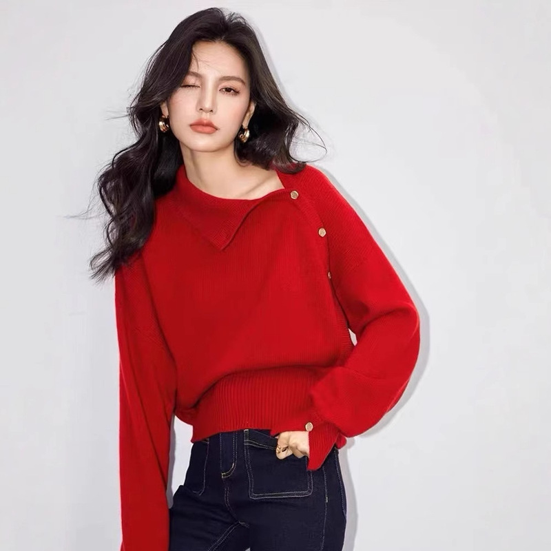 100 Pure Wool Sweater Women's Soft Waxy Lazy Style Turtleneck Buckle Sweater Red Design Sense Cashmere Knitted Base Shirt