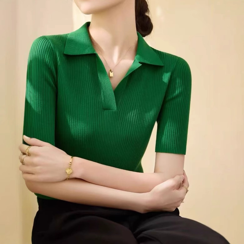 Half-open V-neck Shoulder Short-sleeved Knitwear Women's Early Spring Purple Sweater POLO Shirt Mid-sleeved Base Shirt Top