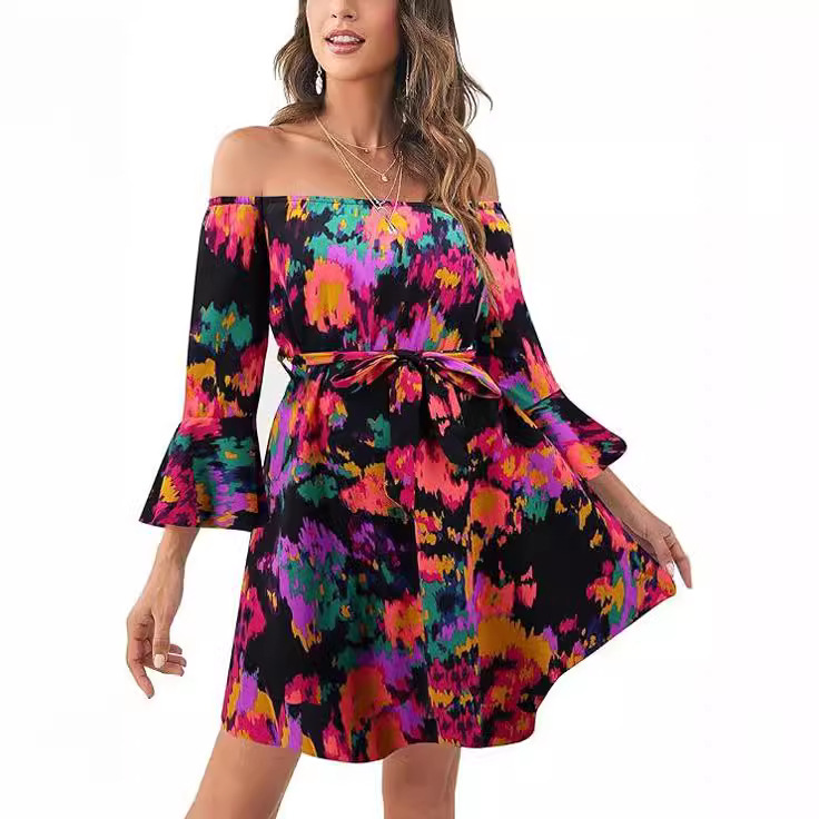 Amazon cross-border Women's off-shoulder pleated floral summer wedding guest dress A- line straight short