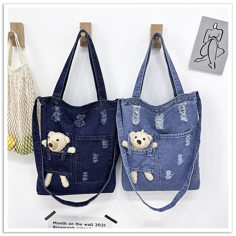 2023新款补课单肩斜跨包学生布袋大容量ins森系可爱小熊牛仔女包