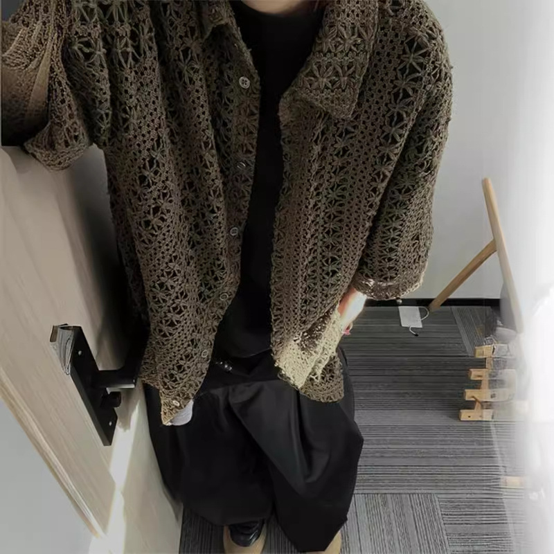 American Style Retro Hollow-out Knitwear Short-sleeved Men's Summer Thin Mesh Half-sleeved Shirt Japanese Style Antique Outer Cardigan