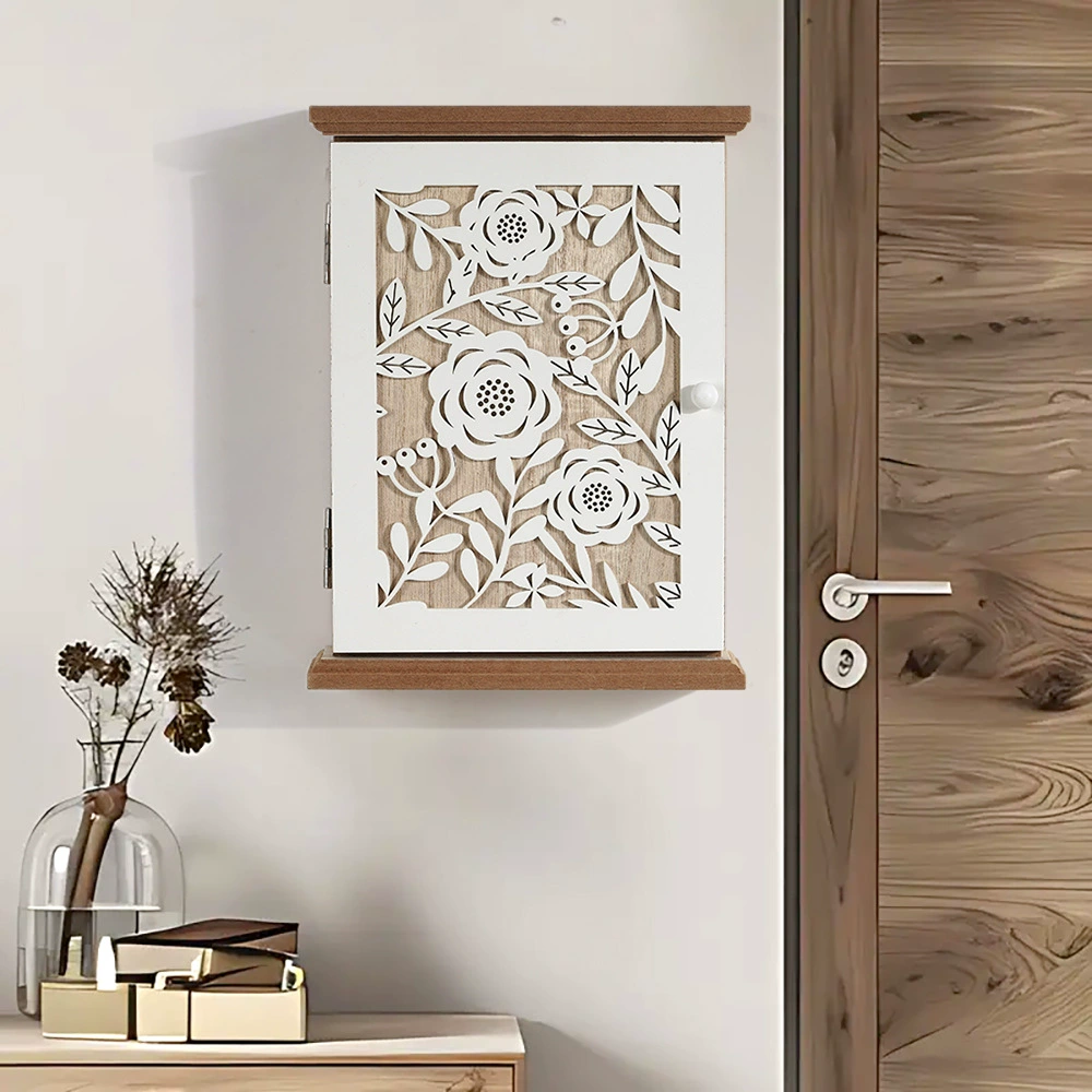 Деревянная коробка для хранения ключей с белой розой, милое украшение для комнаты, настенная вешалка для ключей от автомобиля, аксессуары для дома