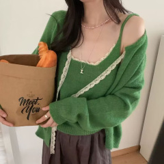韩系温柔风软糯气质百搭蕾丝拼接针织开衫吊带两件套女秋季新款