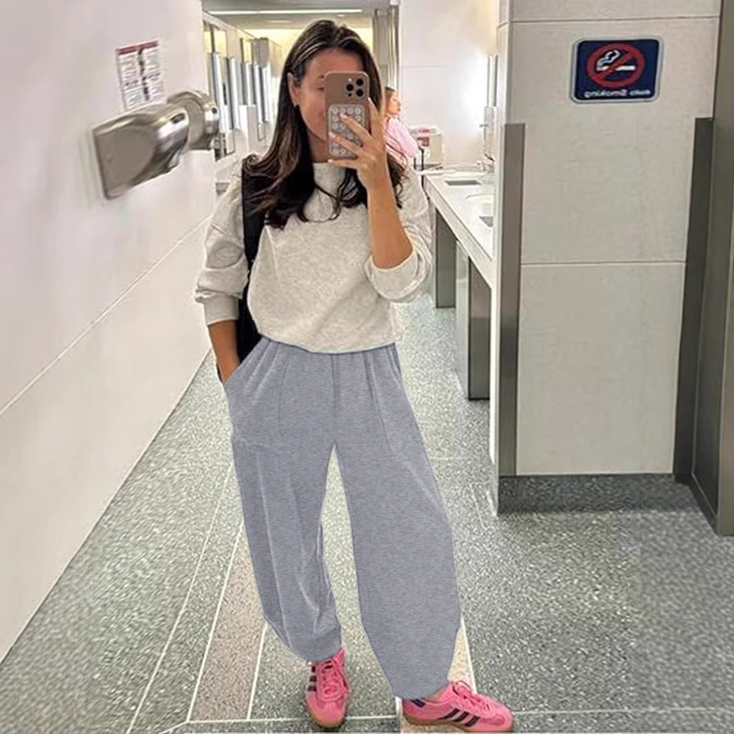 新品女装裤子纯色口袋女式休闲运动裤松紧裤长裤新款
