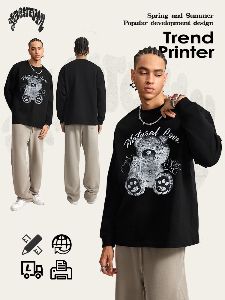 2025 otoño marca de moda americana delgada neutra impresión de rayos X impresión de oso lavado camiseta de manga larga hombre