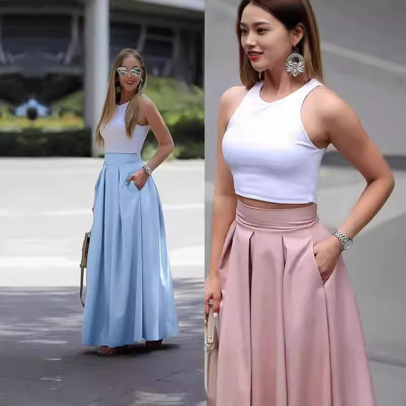 Damen-Midirock in Übergröße, hochtailliert, plissiert, einfarbig, A-Linie, lässiger Stil_voghion.com