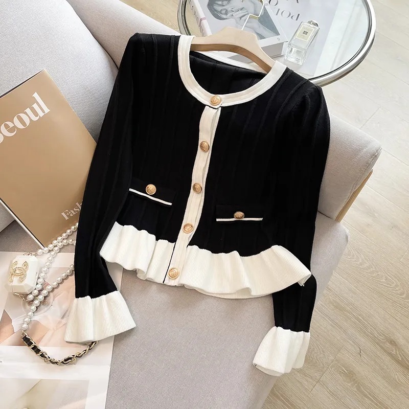 Chanel Style Sweet Horn Sleeve Knitted Cardigan Women's Spring 2024 New Ruffled Hem Long Sleeve Sweater Jacket