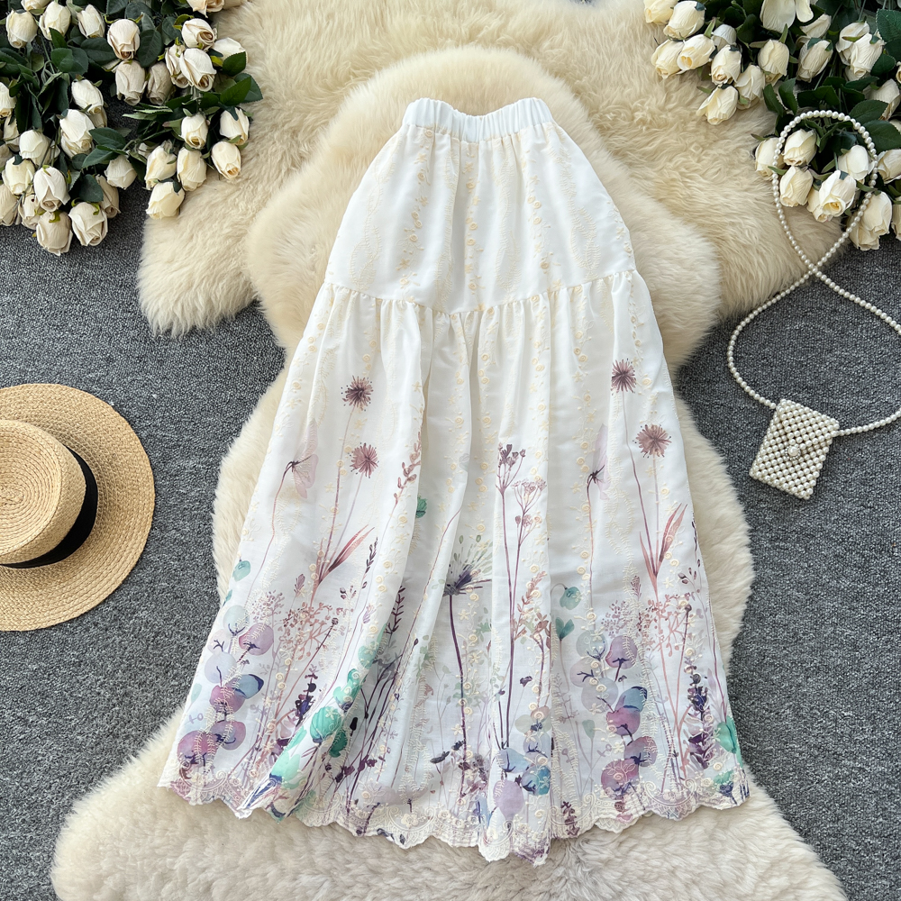 Women's French Sweet Style Floral Print Patchwork A-Line Midi Skirt High Waist Slimming mid Length Summer Fairy like Cake Skirt_ecoleips.com