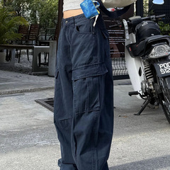 大码美式复古大口袋工装牛仔裤男女水洗宽松高街廓形阔腿弯刀长裤