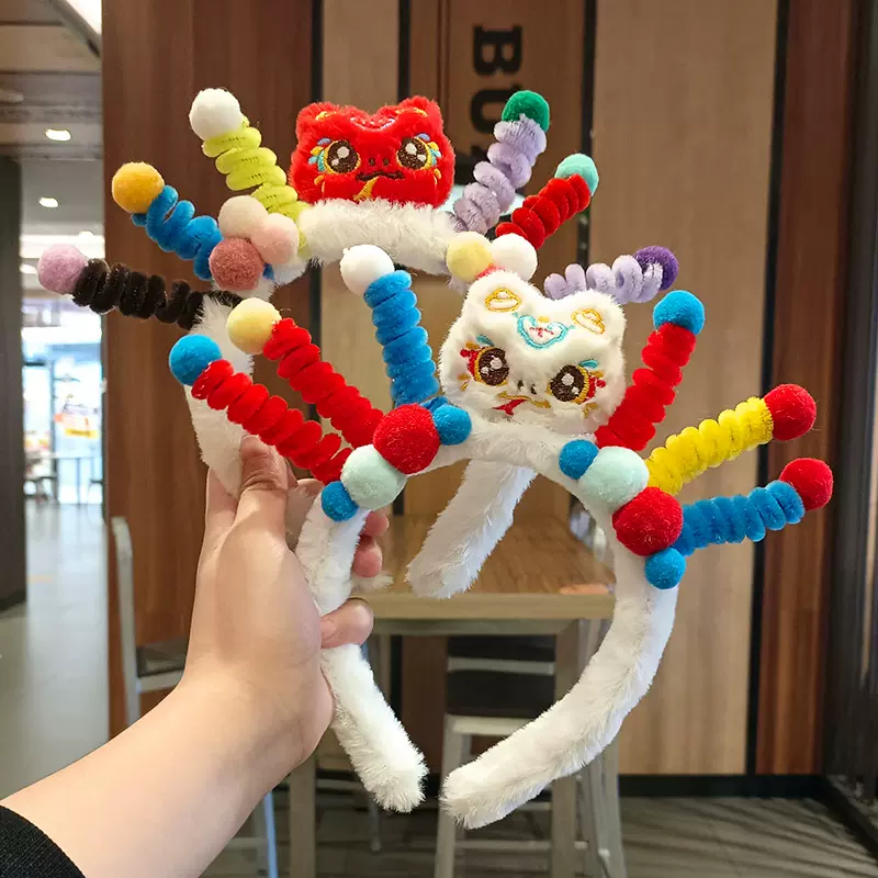 蛇年国潮醒狮扭扭棒新年发箍趣味搞怪发箍女可爱彩色洗漱毛绒发饰