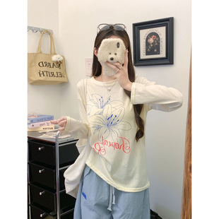 Summer New Versatile Casual Sun Protection Blouse Women's Thin Flower Letter Print Lazy Long-Sleeved Top