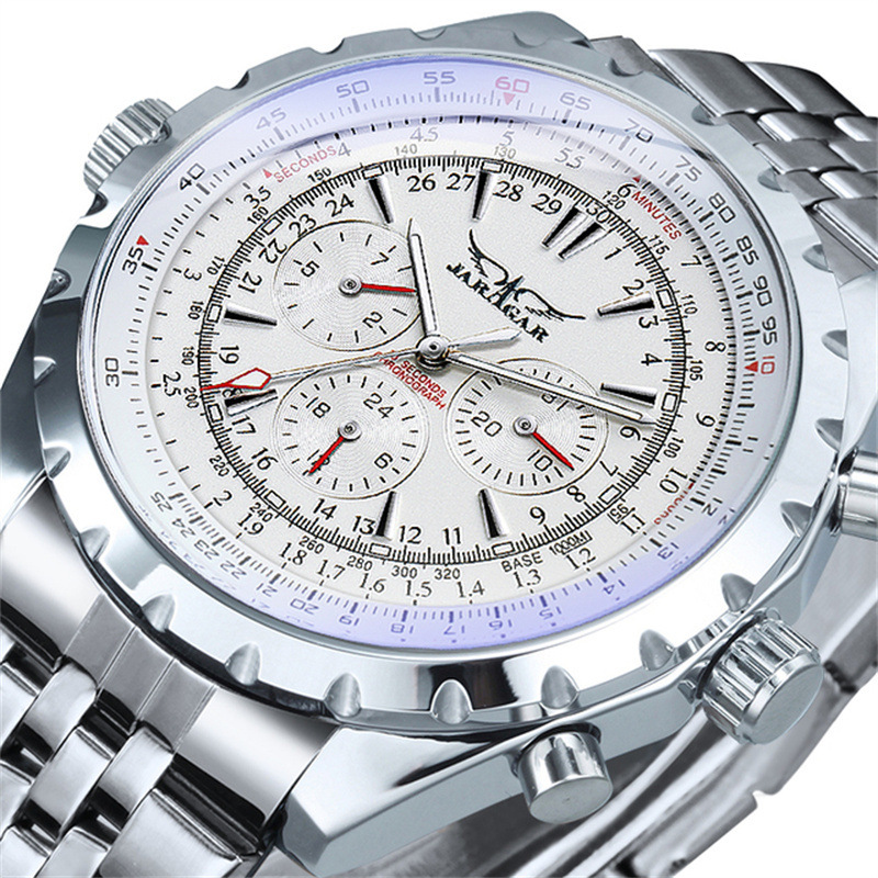 Moda jaragar europeo y americano gran dial hombres moda casual hueco-fuera transparente multifunción reloj mecánico automático