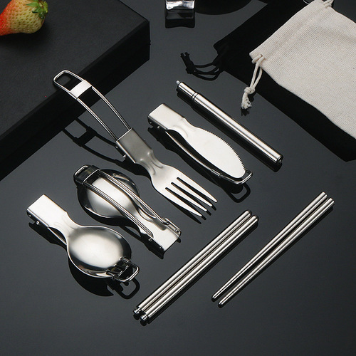 304 stainless steel folding knife, fork, spoon, outdoor camping portable tableware, portable salad spoon, chopsticks and straw set