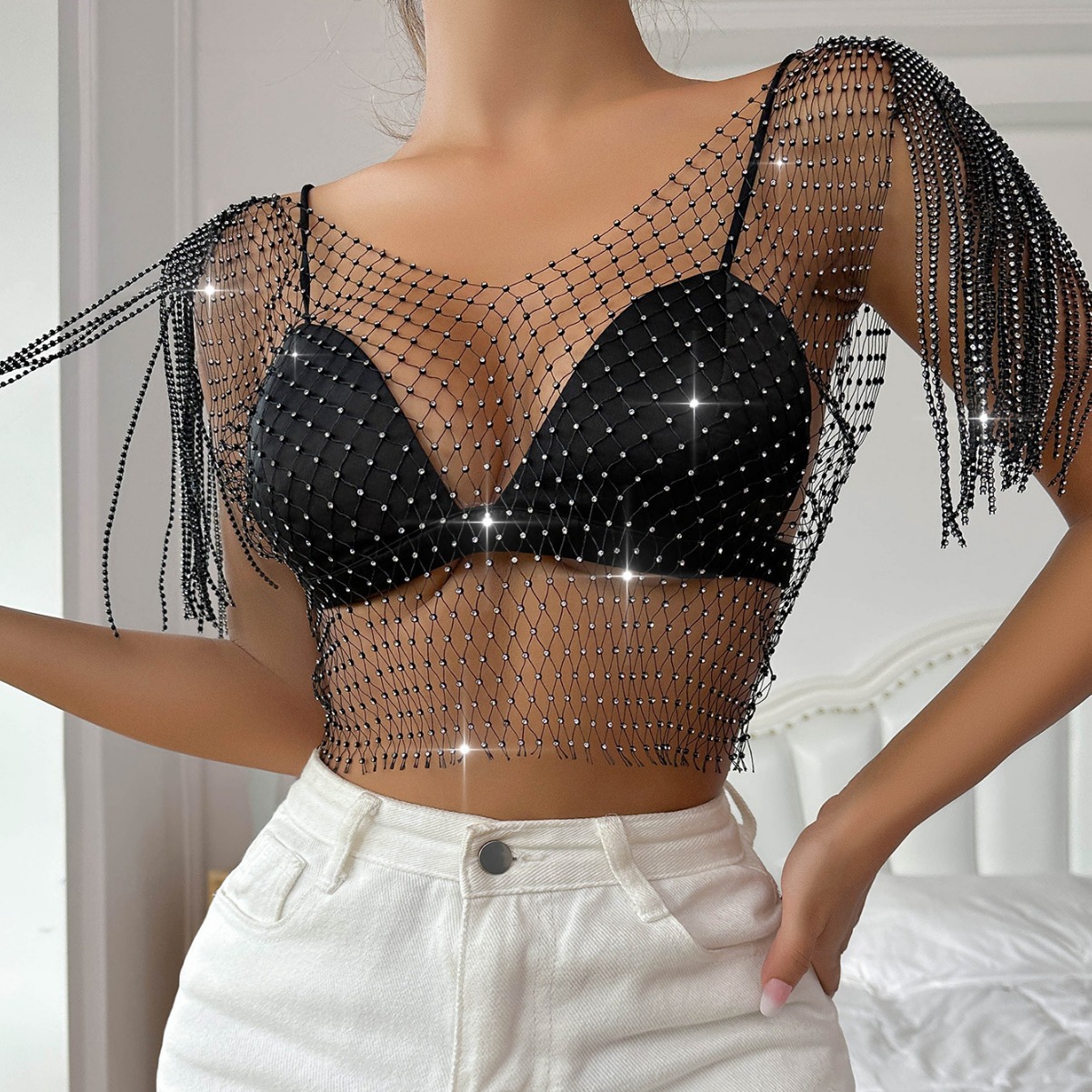 Rhinestone sexy fishing net top European and American summer sexy underwear net diamond flash Diamond women's short sleeve vest D21092