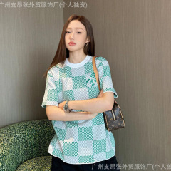 正しいバージョン Lujia 半袖 25 新しい 1v チェッカーボード ジャカード コットン ニット T シャツ、男性と女性用、多用途でルーズ