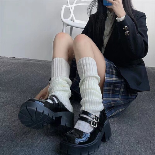Autumn and winter women's solid color knitted pile socks woolen leg boots boot covers Japanese trendy over-the-knee college style JK calf socks