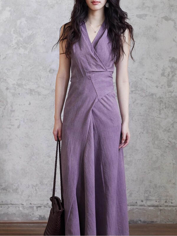 TYANG Er Yang Design [Qingwan] 気質パープル V ネックホルターネックロングスカート女性のストラップデザインドレス|undefined