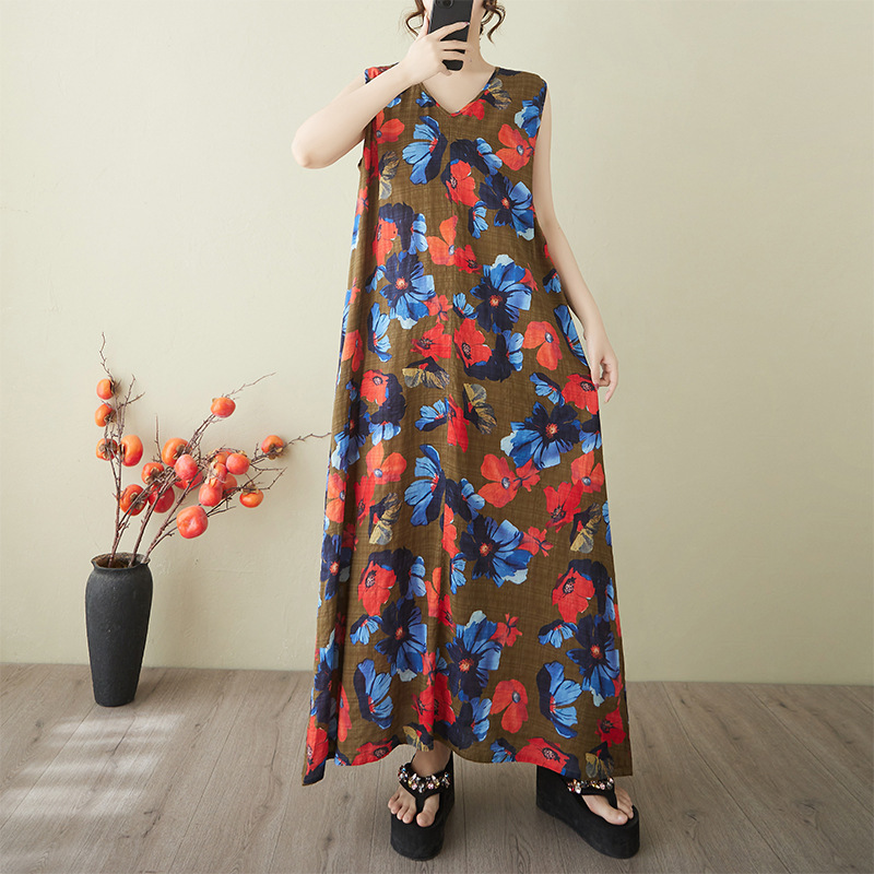2025 New Summer Sleeveless Cotton and Linen V-Neck Korean Style Extended-Length Nightgown, Lazy Style Loose-Fitting Home Dress