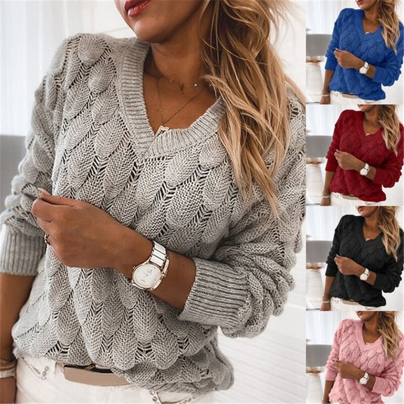 European and American 2026 Winter New Sweater, Knitted Feather Hollow-Out V-Neck Long-Sleeve Solid Color Top for Women, Direct Sales from the Manufacturer