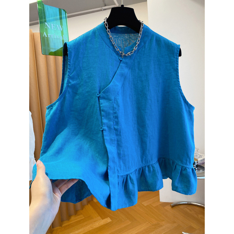 New Chinese-Style Diagonal Collar Linen Sleeveless Shirt Vest for Women 2026 New Loose Stylish Thin Blue Blouse Top