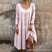 2025跨境电商亚马逊圆领时尚休闲女装新款纯色舒雅气质通勤连衣裙