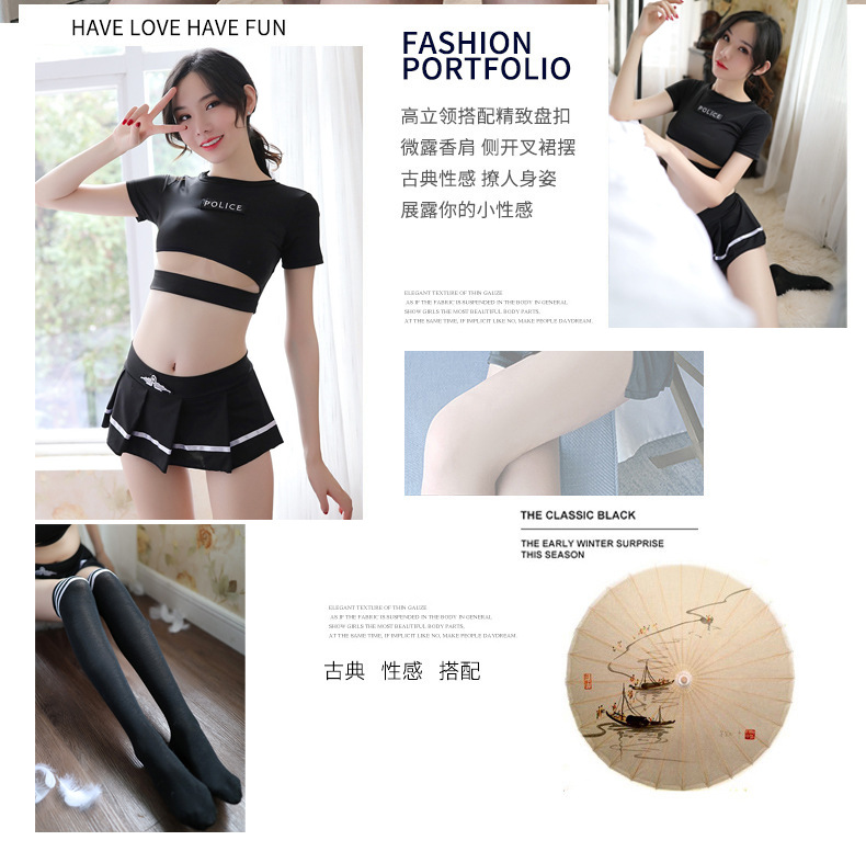 Student Role Play Lingerie Set with Top, Skirt, Thong and Striped Socks — detail image 2